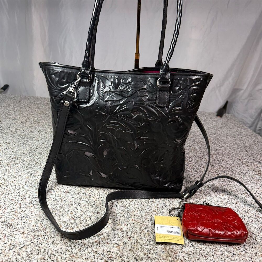 Patricia Nash Black Tooled Leather Tote with Red Coin Pouch